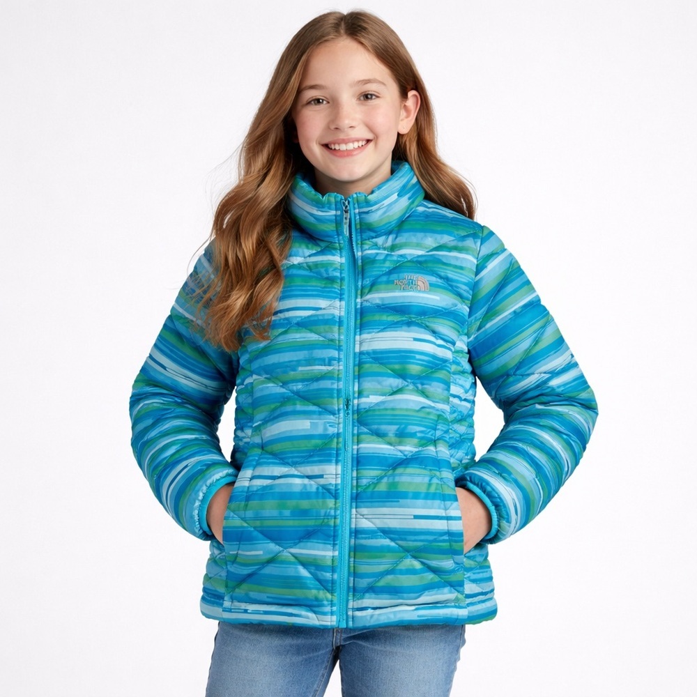 The North Face 550 Down Girls Jacket Blue Green Striped Puffer Youth L 14-16